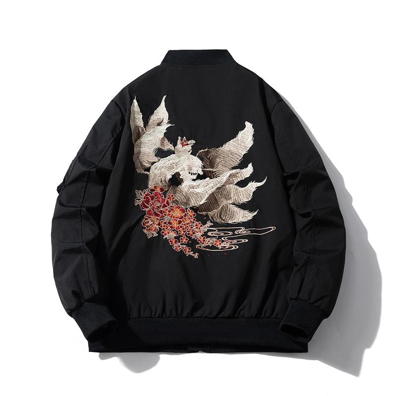 秋冬 男女兼用 九尾狐刺繍 厚手ジャケット ストリート 外套 綿素材 野球風 国潮 原宿スタイル 切り替えデザイン 重厚刺繍加工 ファッションコート