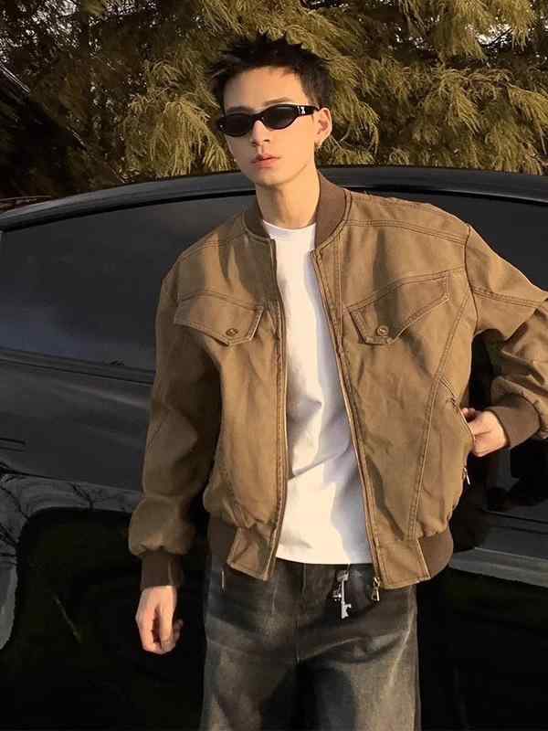 ハリングトンジャケット メンズ ブラウン ショート丈 アメリカンスタイル レトロ ワークジャケット 飛行員風 棒球スタイル 工装外套