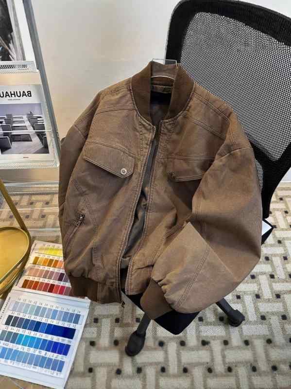 ハリントンジャケット メンズ ブラウン ショート丈 アメリカンスタイル レトロ ワークアウター 飛行員..