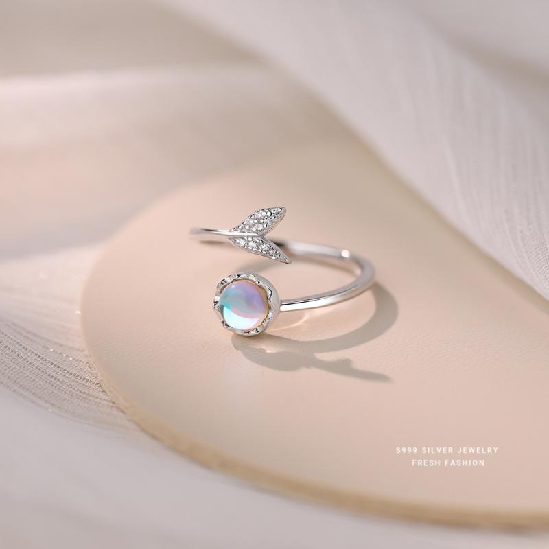 指輪 レディース 純銀 韓国風 人魚 オーロラ ムーンストーン 開口 魚尾 デザイン INS風 上品 百搭