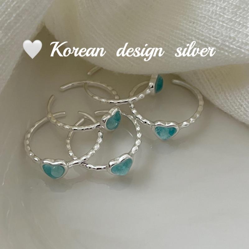 指輪 レディース 韓国 INS 小清新 デザイン S925 純銀 海藍宝 ハート 開口 高級感 コーデ万能 かわいい..