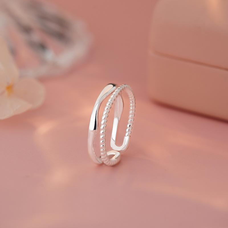 指輪 レディース 純銀 幾何学デザイン 二重構造 不規則ライン 日常ファッション エレガント アクセサリ..