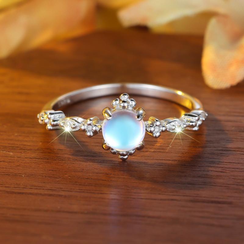 指輪 レディース 純銀 月光石 円形 花柄 デザイン ファッション 百搭 人差し指用 ユニーク 手元アクセ..