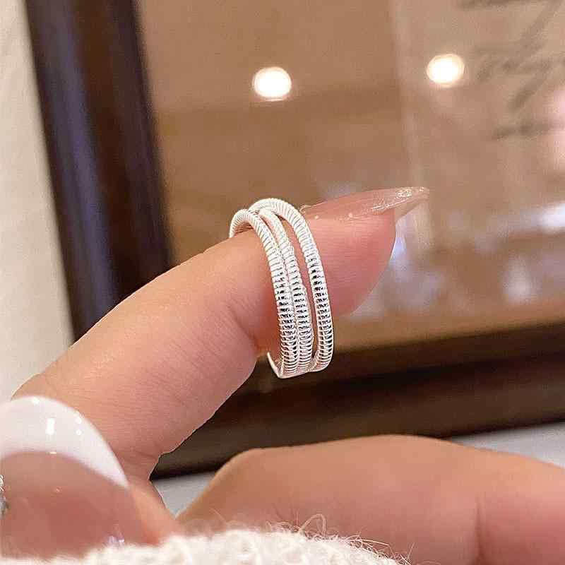指輪 レディース S925 純銀 多層 ライン 巻き 小衆 デザイン ファッション シンプル 個性 韓国風 トレ..
