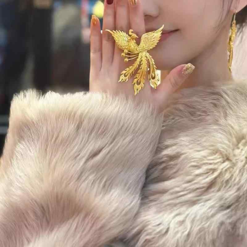 指輪 レディース 金色鳳凰 デザイン 軽奢 結婚三金 開口式 人差し指用 伝統工法 高級感
