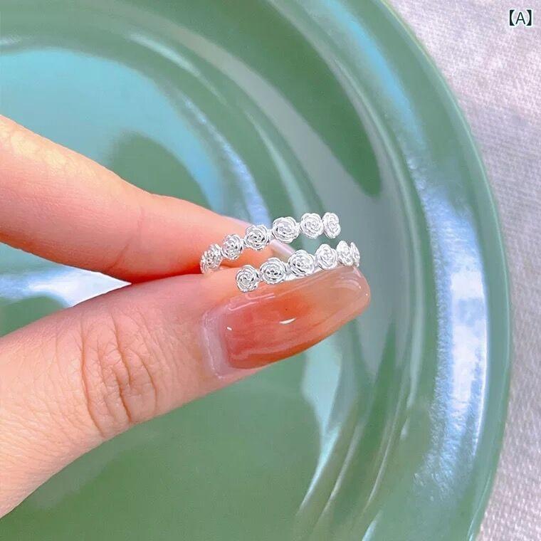 レディース 指輪 バラ花 モチーフ 絡みつき デザイン 韓国風 シンプル ファッション 清新 開口式 調整可能 銀アクセサリー 爽やか 気質 日常使い ジュエリー