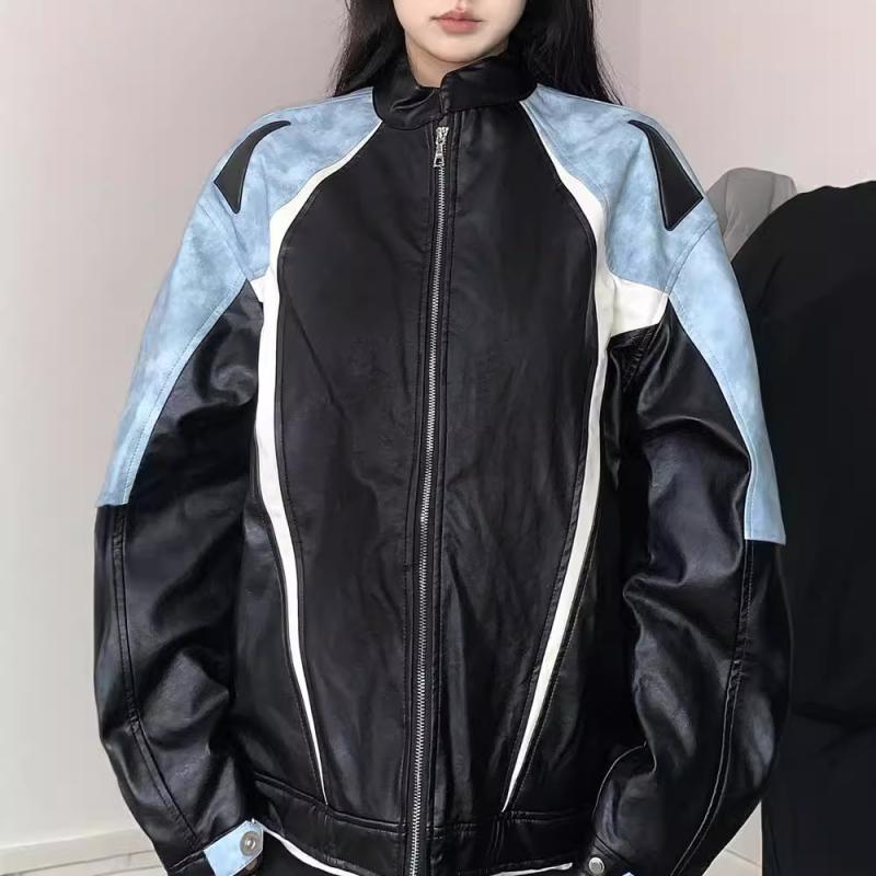 ジャケット 男女兼用 秋冬 立ち襟 アメリカン ツートンカラー スリムフィット 野球風 バイカースタイル..