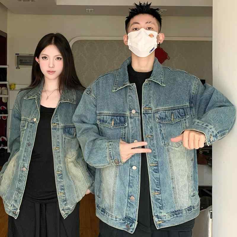 デニムジャケット ペア 春秋 高級感 ユニーク ニッチ 野球スタイル 吸湿速乾 軽量 再生繊維 切り替えデ..