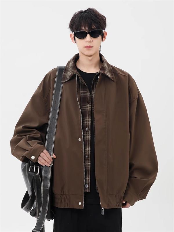 ジャケット メンズ ゆったり フェイクツーピース スタンドカラー 野球風 茶色 秋冬 通勤 コーディネー..