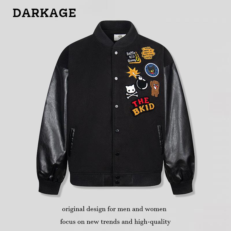 野球ジャケット メンズ アメリカン レトロ フラックロゴ刺繍 PUレザー 切り替え ゆったり コーディネー..