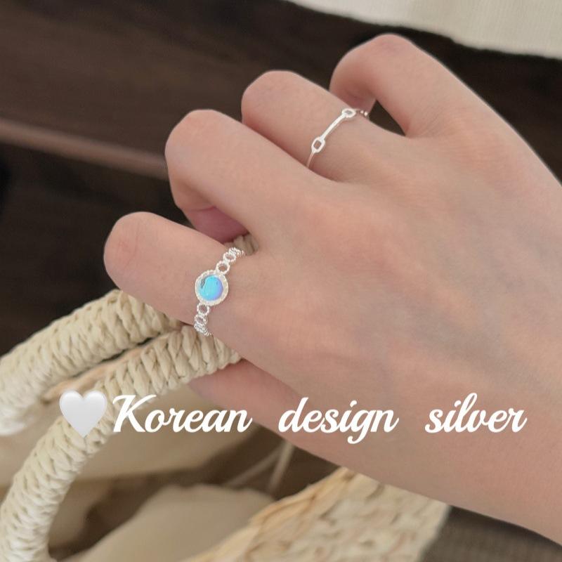 レディース指輪 オープンリング シンプル 清新 日韓風 925純銀 ムーンストーン 透かし彫り 切り替え