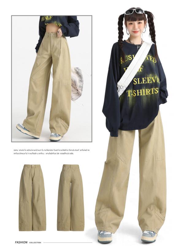 デニムパンツ レディース ワイドレッグ レトロ カーキ ゆったり ストレート 小柄 クロップド コットン ..