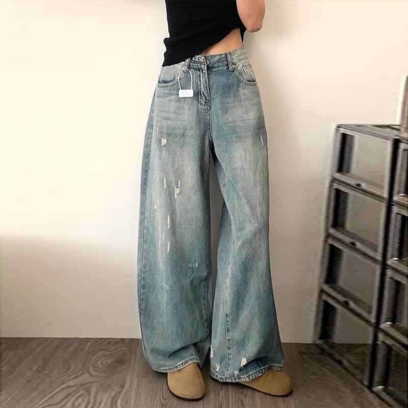 デニムパンツ レディース 春夏 ハイウエスト ワイドレッグ レトロ 通勤 リラックス デザイン ウォッシ..