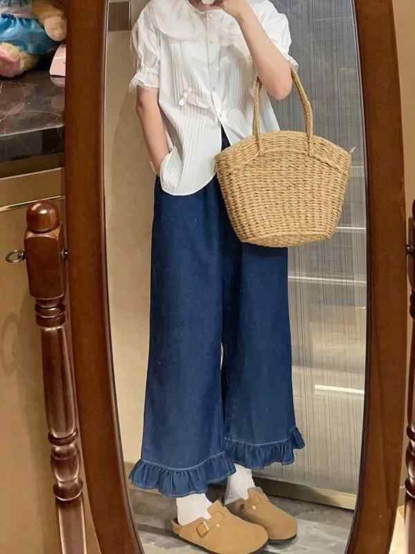レディース ワイドパンツ 無地 レース スカラップエッジ ビッグサイズ レトロ 森ガール ストレート デニム(4.0)