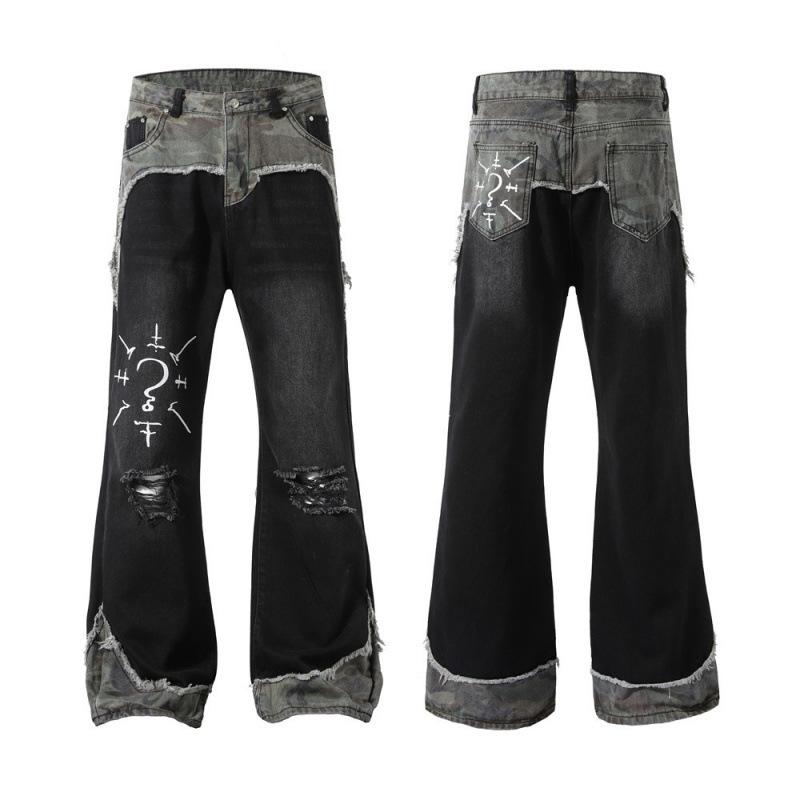 Long-Trousers, Trousers - デニムパンツ メンズ パンク迷彩 切り替え 破れ フレア ヒッピー トレンド 個性 デザイン パターン ルーズ ロング