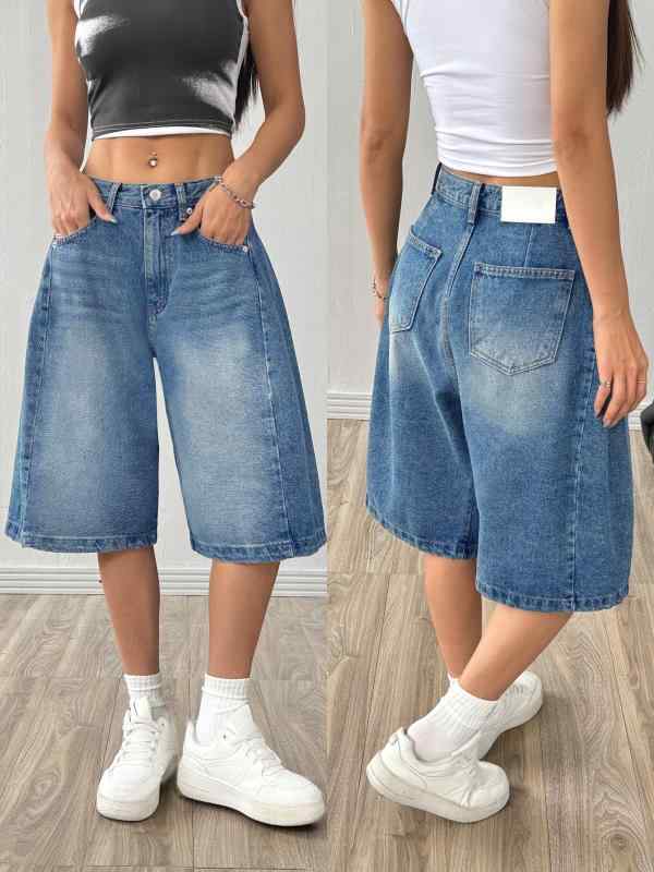 Long-Trousers, Trousers - ショートパンツ レディース デニム ワイドレッグ フレア ルーズ ストレートレッグ 膝丈 アメリカン カジュアル スタイル 欧米風 アウトドア デイリー ボトムス