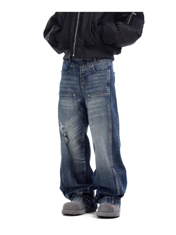 デニムパンツ メンズ アメリカン ビンテージ ワイドレッグ ルーズ ダッドパンツ 水洗 色落ち加工 ダーティウォッシュ ゆったり ロング丈 ストリートファッション