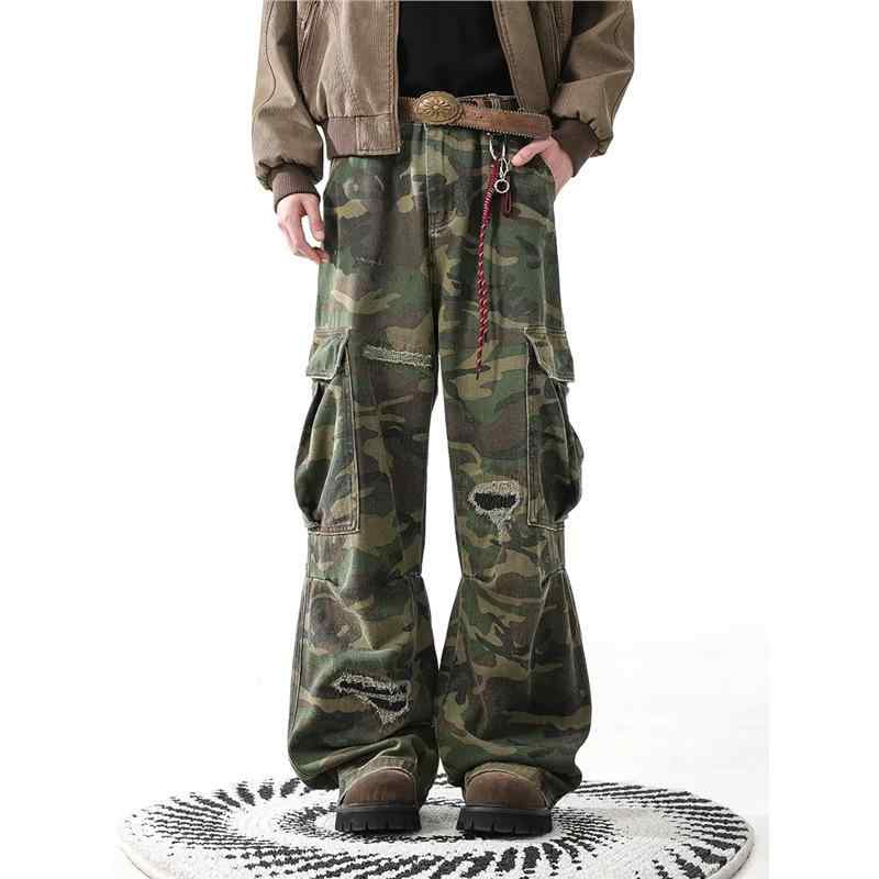 ジーンズ 男女兼用 春夏 アメリカンカモフラージュ ストレート ルーズ 破れ ロングパンツ デニム 迷彩..