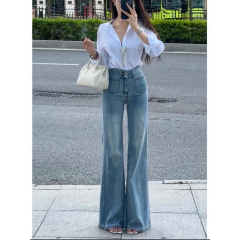 デニムパンツ レディース ハイウエスト 軽やかフレア スカイブルー ストレッチ スリム 小柄向け 春夏 ..