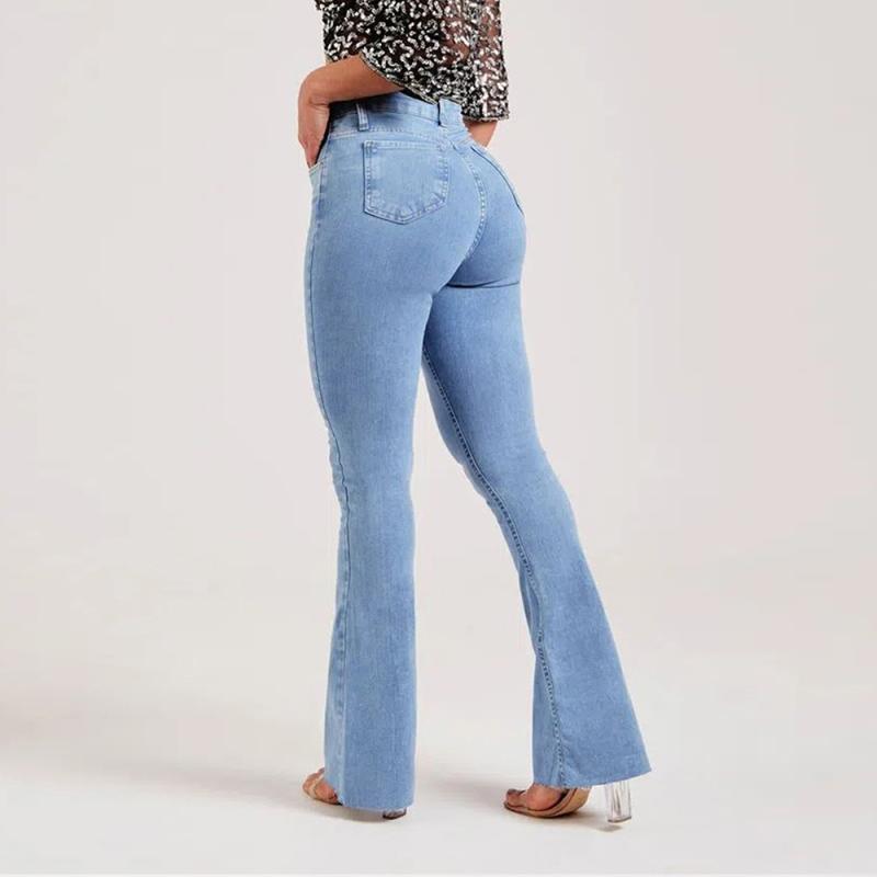 Long-Trousers, Trousers - レディース デニム フレアパンツ スリムフィット ストレッチ素材 ライトカラー ファッションアイテム スタイリッシュデザイン カジュアルスタイル トレンド