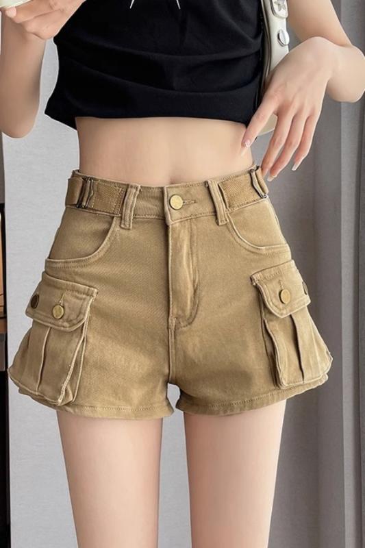 長褲 - レディース 春夏 デニム ショートパンツ カーキ 高腰 スリム Aライン ワイドレッグ 薄手 カーゴパンツ セクシー ホットパンツ