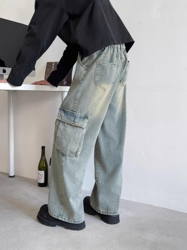 Long-Trousers, Trousers - デニムパンツ 男女兼用 アメリカンスタイル ハイストリート ウォッシュ加工 ワーク ルーズフィット ストレートレッグ ワイドレッグ 大型ポケット 秋冬 ロング丈