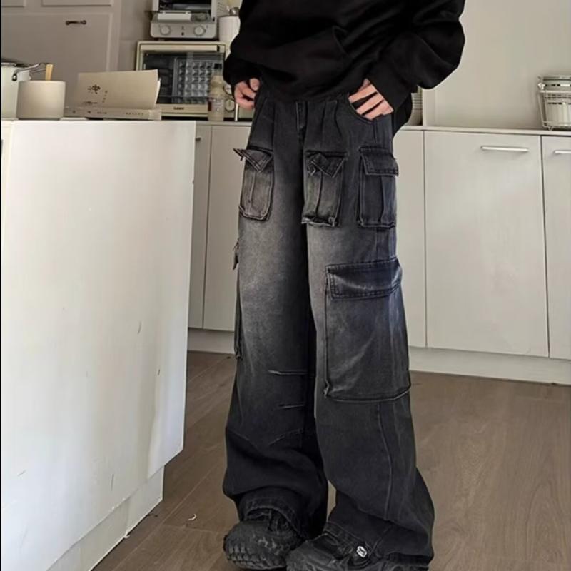 Long-Trousers, Trousers - デニムパンツ 男女兼用 アメリカンストリート 多ポケット ワークウェア風 ワイドレッグ ルーズ ウォッシュ加工 ビンテージ風 ロングパンツ INS風潮
