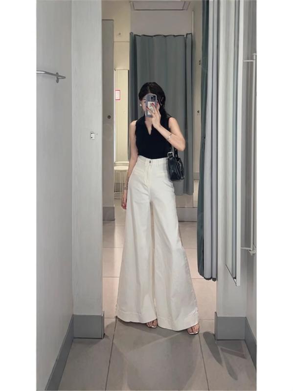 デニムパンツ レディース ハイウエスト ワイドレッグ ルーズ ホワイト スリム スタイルアップ カジュア..