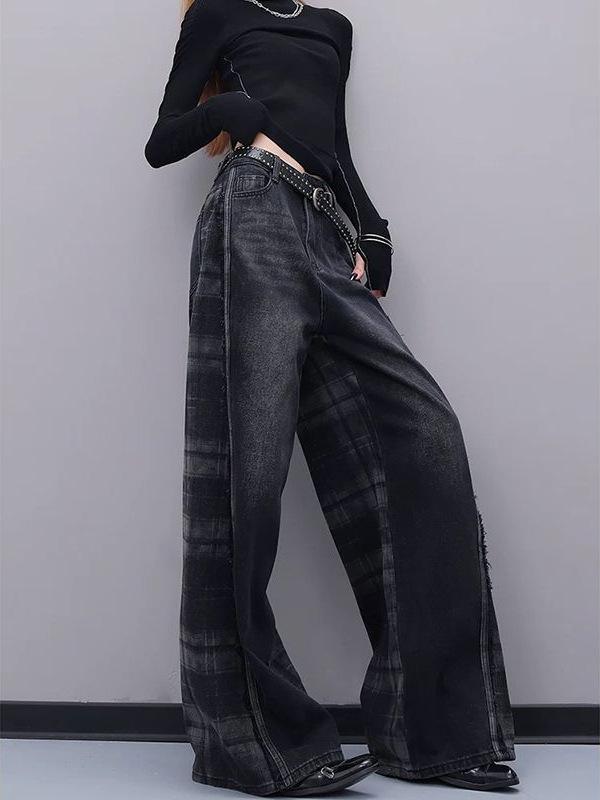 レディース デニムパンツ 春秋 ワイドレッグパンツ 床引き ロング 切り替え レトロ チェック柄 ゆったり ドレープ感 おしゃれ 個性的 デザイン性 カジュアル トレンド