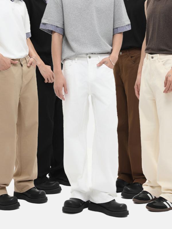 Long-Trousers, Trousers - メンズ デニムパンツ 韓国風 シンプル 無地 ベーシック カジュアル 合わせやすい 綿100% ゆったり ウォッシュド ストレッチ スリムフィット 通勤 通学 日常使い