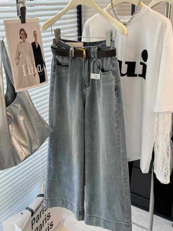 レディース デニムパンツ 九分丈 ライトブルー ワイドレッグ ゆったり ストレート スリム見せ 小柄対応 ノスタルジック ライトデニム クロップドパンツ ルーズフィット 細身シルエット