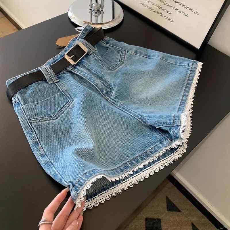 Long-Trousers, Trousers - レディース デニム ショートパンツ ハイウエスト ワイドレッグ Aライン レース花边 ブルー 春夏 大きいサイズ ゆったり スリム見え カジュアル