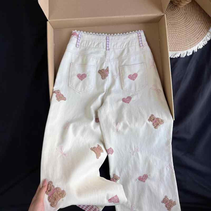 Long-Trousers, Trousers - デニムパンツ レディース かわいい 小熊刺繍 ピンク格子 ストレート ゆったり スリム効果 小柄向け 学院風 カジュアル