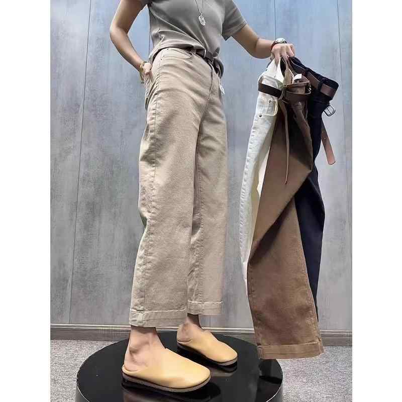 デニムパンツ レディース レトロ ストレッチ ハイウエスト ワイドレッグ ゆったり 9分丈 秋 ぽっちゃり対応 小柄向け スリム効果 直筒 デニム素材