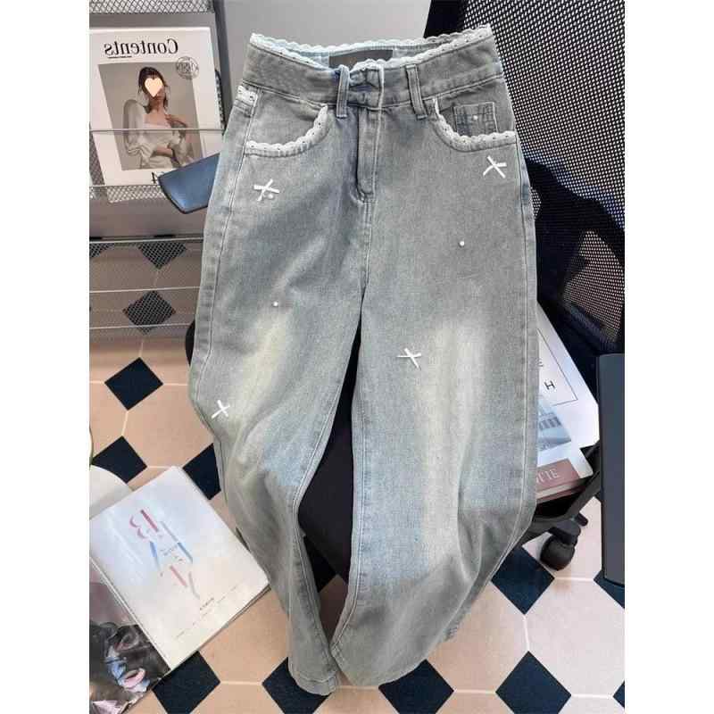 デニムパンツ レディース ハイウエスト ゆったり ストレート ロング レース リボン スリム 切り替え デ..