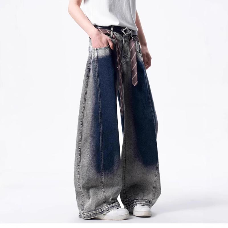 メンズ デニムパンツ アメリカン レトロ グラデーション ゆったり スリム 見え カジュアル ロング ベーシック 日常使い ストレッチ 加工 洗練 スタイル コーディネート 自由 度 高 快適 着こなし 提案 幅 広い