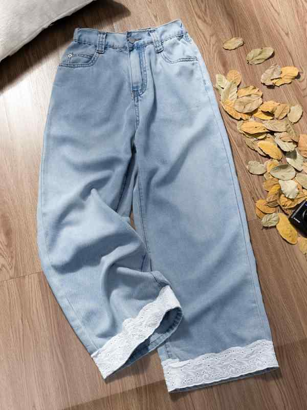 レディース デニムパンツ 春夏 薄手 ハイウエスト 細見え 伸縮ウエスト 小柄向け クロップド ストレート レース テンセル素材