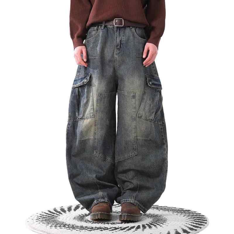 デニムパンツ 男女兼用 アメリカン ストリート マルチポケット カーブ ワイドレッグ ユーズド加工 水洗..