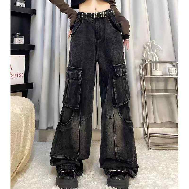 デニムパンツ レディース 秋冬 工装風 ハイウエスト ロングパンツ ワイドレッグ ストレート レトロ フ..