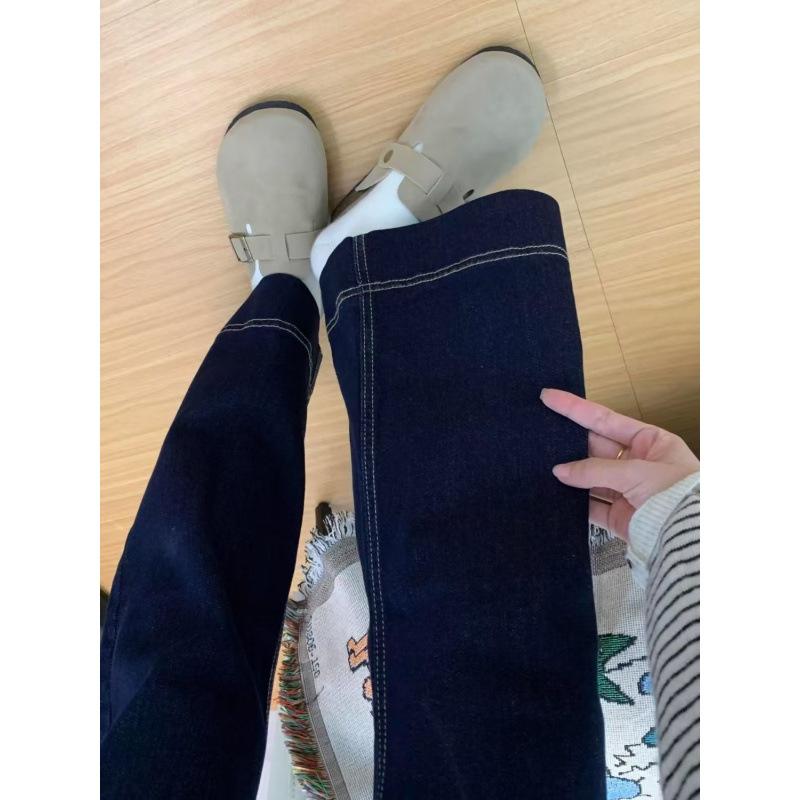デニムパンツ レディース ワイドレッグ 秋冬 スリム効果 梨型体型 ルーズフィット フレア ダークブルー ノンストレッチ 脚さばき良い ハイウエスト ストレッチなし ゆったりシルエット ボトムス ボディカバー