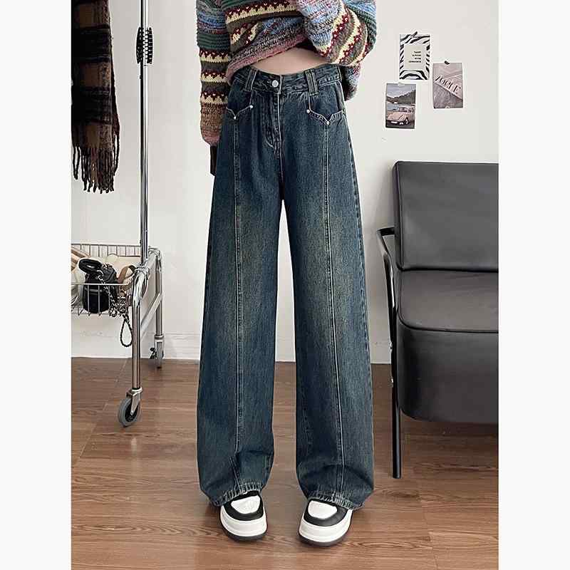 デニムパンツ レディース 春夏 レトロ ワイドレッグ ハイウエスト ゆったり ストレ...
