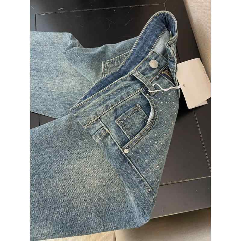 乐天商城 - デニムパンツ レディース ビッグサイズ レトロスタイル ウォッシュ加工 ジルコニア装飾 ハイウエスト ストレート ゆったり ワイドレッグ 床引き丈 春秋 デザイン性