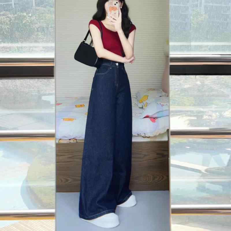 Long-Trousers, Trousers - レディース デニムパンツ ハイウエスト ワイドレッグ ゆったり スリム ドレープ ストレート ロングパンツ ダークブルー ヴィンテージ 小柄向け