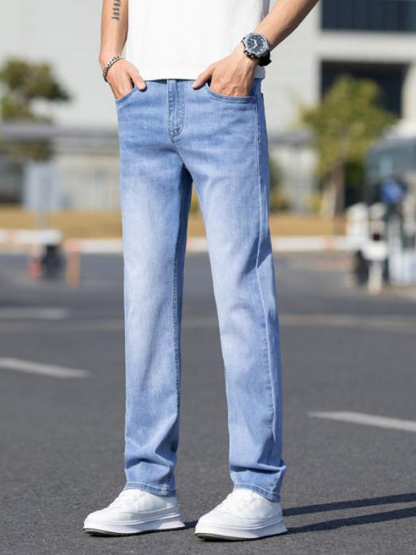 メンズ 春夏 薄手デニムパンツ スリム ストレッチ ストレート 韓国風 ロングパンツ 百搭