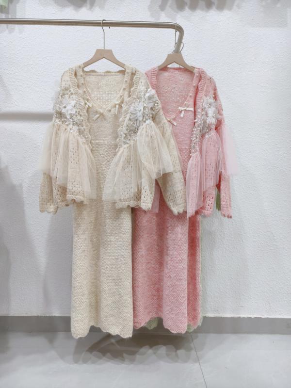 秋冬 レディース ニットワンピース セット カーディガン 吊り帯 メッシュ 切り替え ビーズ 装飾 アウター