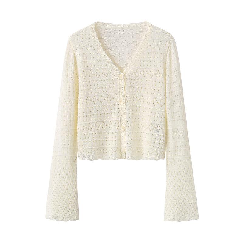 Long-Sleeved Knit - ニットカーディガン レディース 春夏 Vネック 花辺 透かし 長袖 薄手 かわいい カジュアル 通勤 デート 軽量 吸湿速乾 コットン 部屋着 インナー レイヤード フェミニン ガーリー