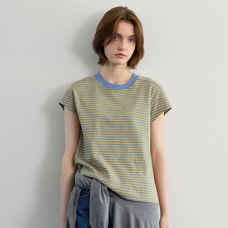 春夏 レディース ストライプ 半袖 Tシャツ ゆったり カジュアル シンプル クルーネック トップス