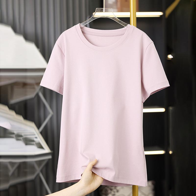 Tシャツ レディース 春夏 短袖 丸首 無地 シンプル 大きいサイズ 通気性 接触冷感 光沢コットン 正肩