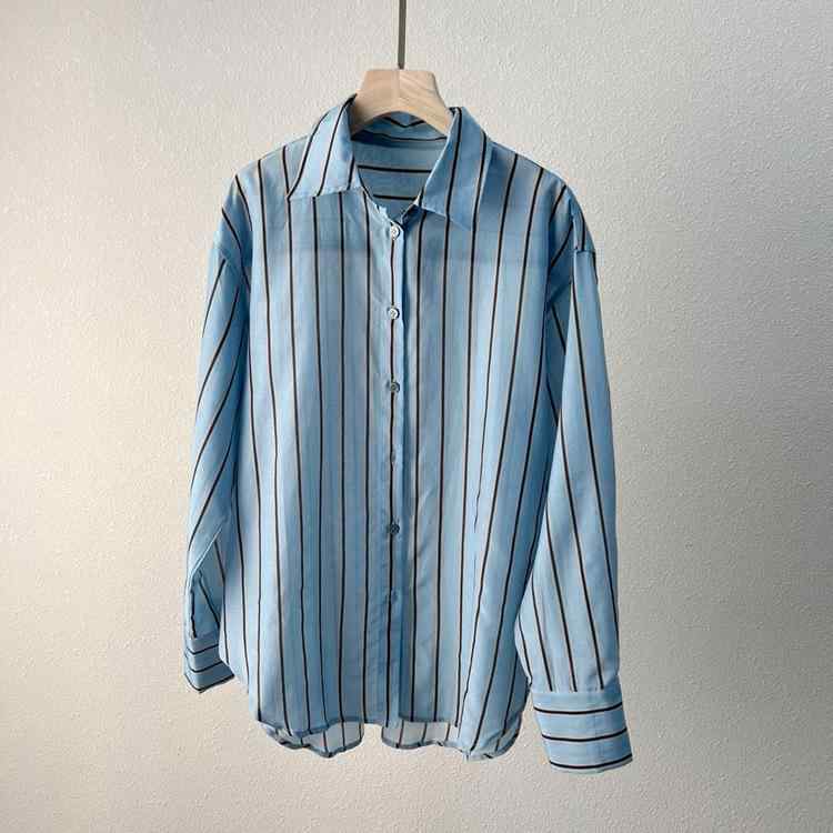 レディース 長袖シャツ 春夏 高級感 ゆったり カジュアル 色織り 切り替え ストライプ 襟付き シルク 綿混