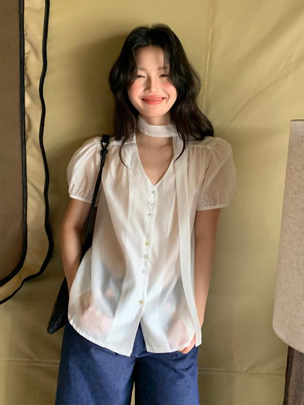 ブラウス レディース 春夏 Vネック シンプル 韓国風 カジュアル オフィス 通勤 トップス 日常使い 軽やか デザイン スタイル ファッション